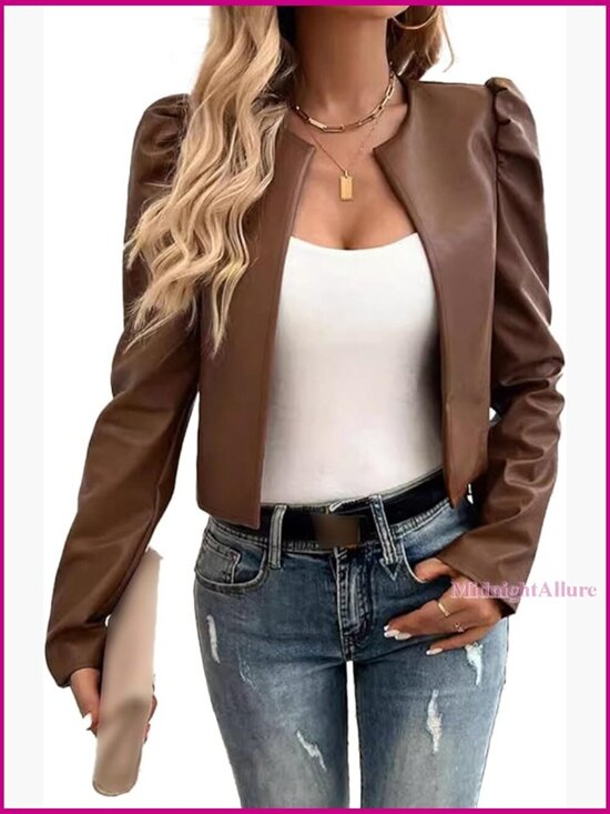 Jackets & Blazers - Faux Leather Cropped Blazer Puff Sleeve Open Front Cardigan Jacket